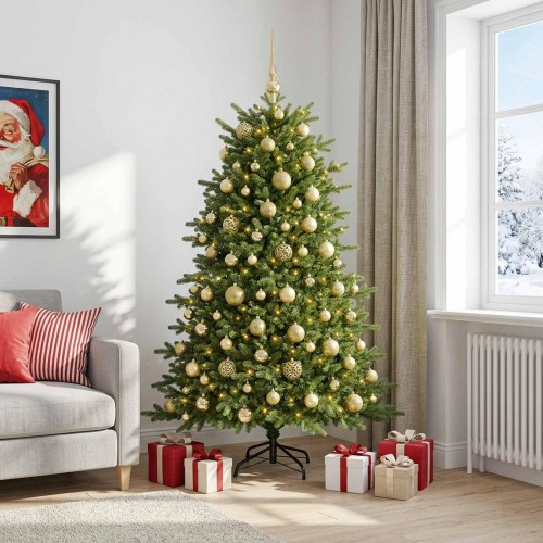 Kunstigt juletræ med kugler og 300 LED'er 210 cm - varm hvid