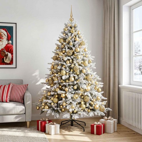 Kunstigt juletræ med LED-lys og julekugler 210 cm - varm hvid