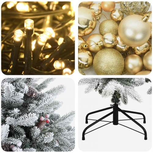 Kunstigt juletræ med LED-lys og julekugler 210 cm - varm hvid