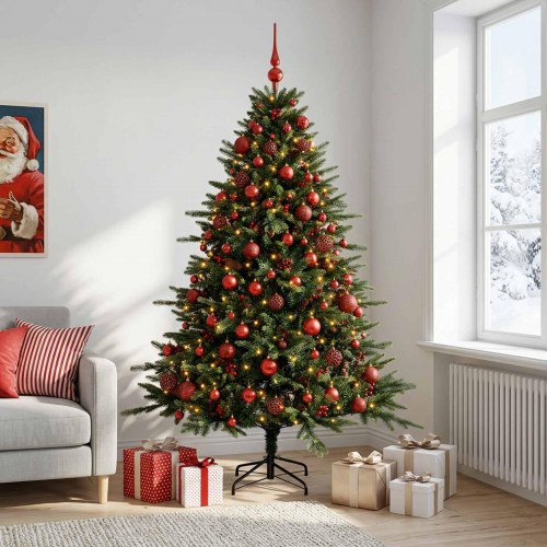 Kunstigt juletræ med julekugler og LED-lys 210 cm
