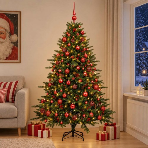 Kunstigt juletræ med julekugler og LED-lys 210 cm