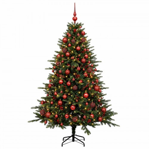 Kunstigt juletræ med julekugler og LED-lys 210 cm
