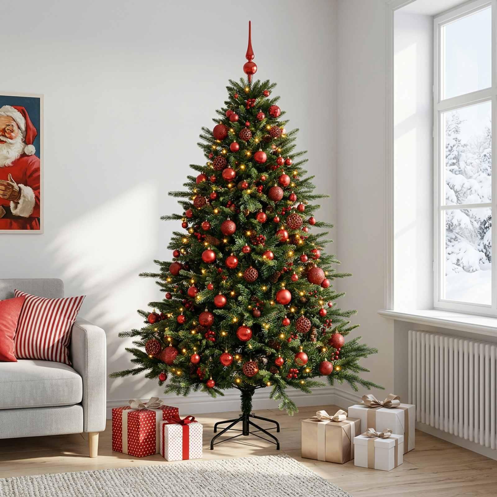 Kunstigt juletræ med kugler og LED-lys 240 cm - varm hvid