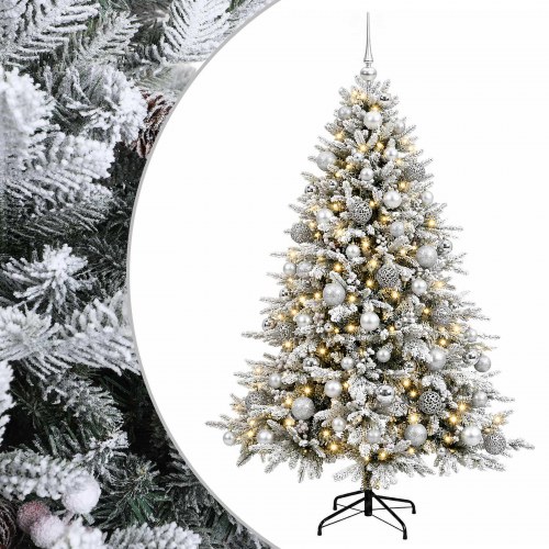 Kunstigt juletræ med kugler og LED-lys 210 cm - grøn/hvid