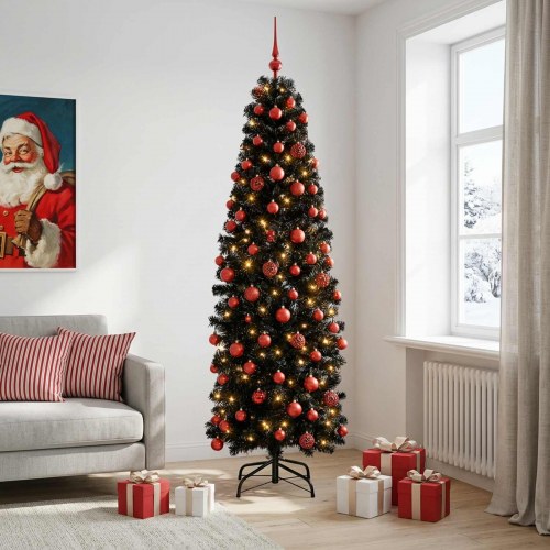 Slankt kunstigt juletræ med LED og julekugler - 180 cm