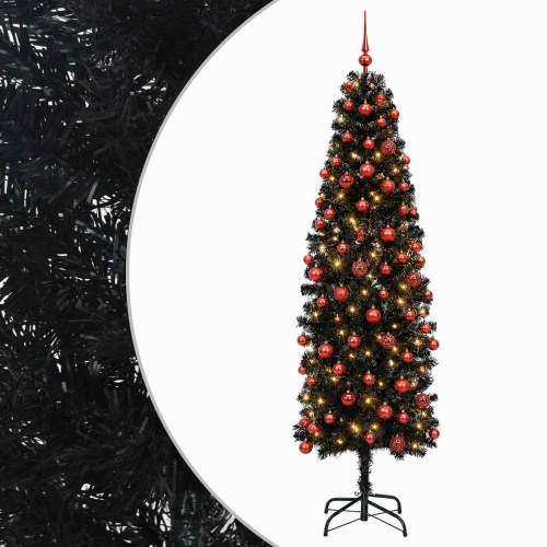 Slankt kunstigt juletræ med LED og julekugler - 180 cm