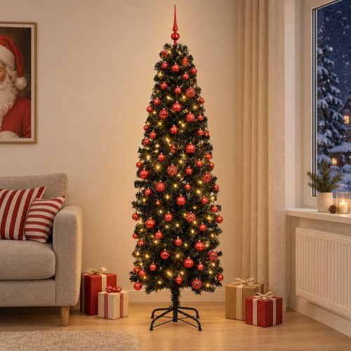 Slankt kunstigt juletræ med LED og julekugler - 180 cm