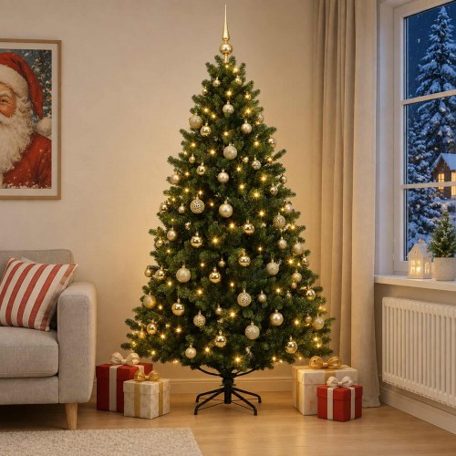Kunstigt juletræ med kugler og 300 LED - 180 cm, varm hvid