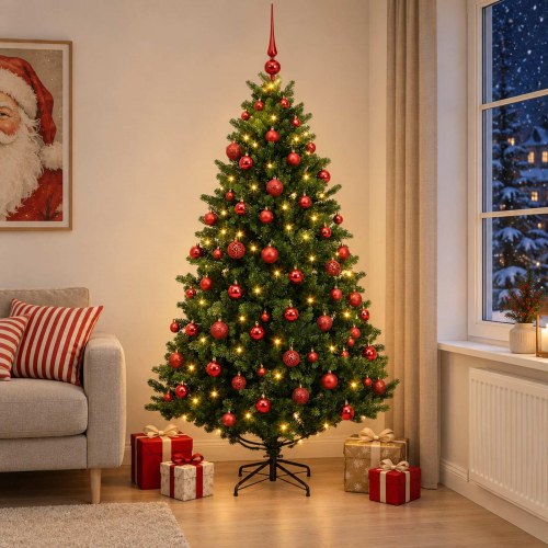 Kunstigt juletræ med kugler og 300 LED - 240 cm