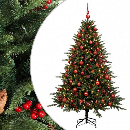 Kunstigt juletræ med julekugler og 300 LED - 180 cm