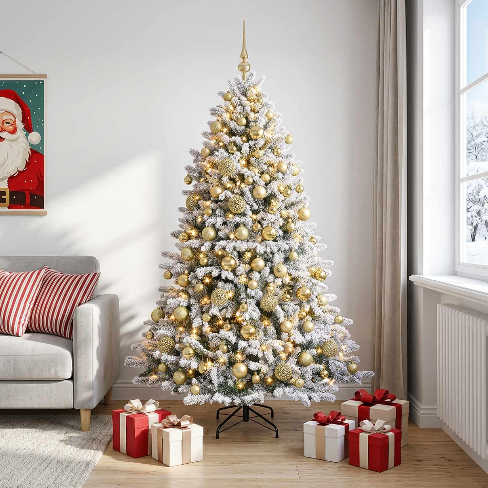 Kunstigt juletræ med kugler og varm hvide LED - 240 cm