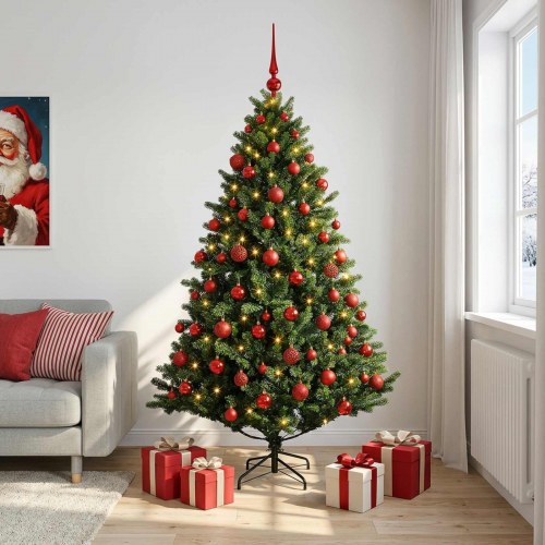 Kunstigt juletræ med kugler og LED 210 cm - varm hvid