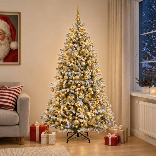 Kunstigt juletræ med kugler 180 cm 300 LED - varm hvid