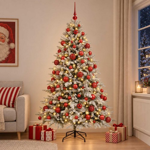 Kunstigt juletræ med julekugler og 300 LED - 180 cm, varm hvid