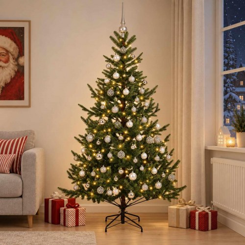 Kunstigt juletræ med julekugler og 300 LED - 240 cm