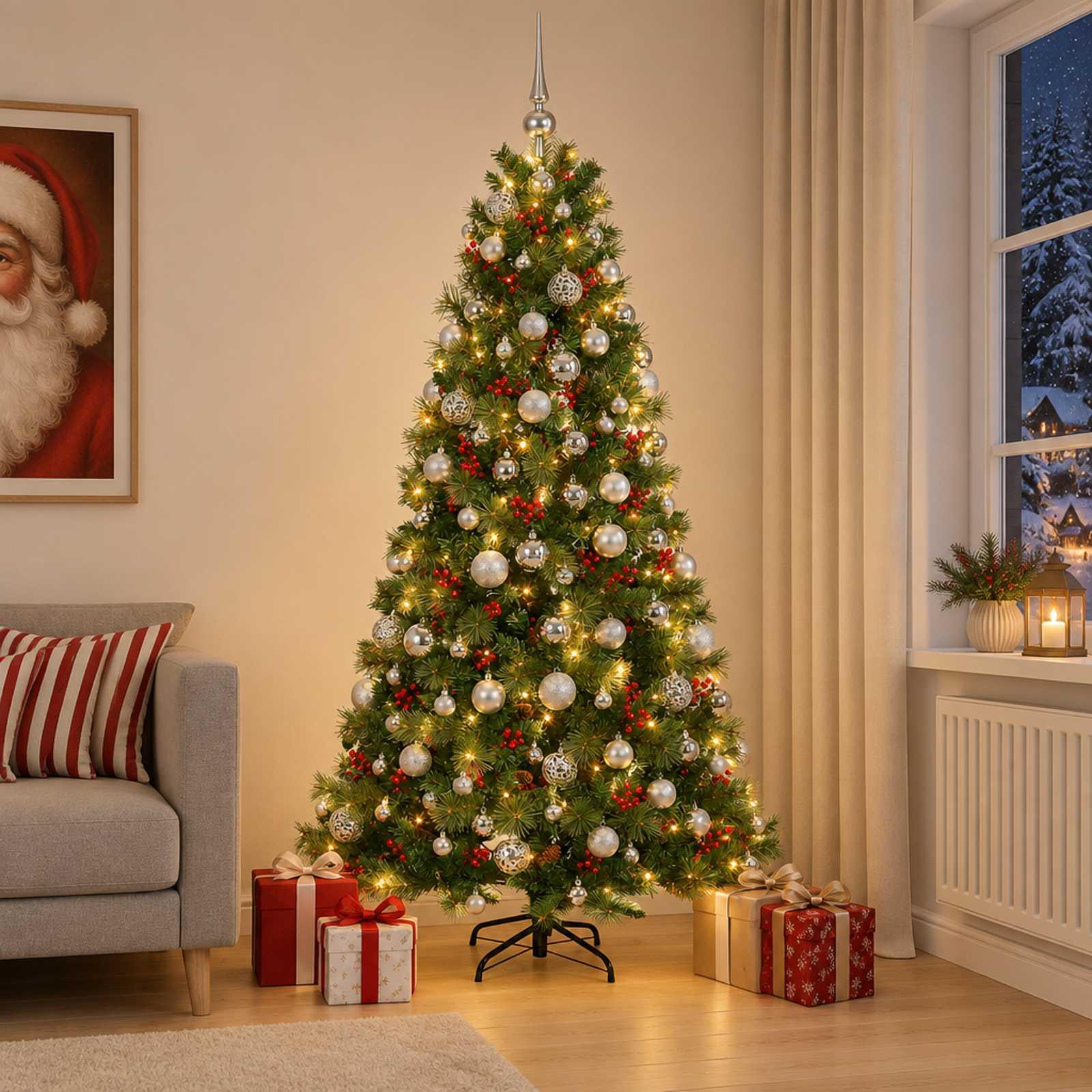 Kunstigt juletræ med julekugler 180 cm - 300 LED'er varm hvid