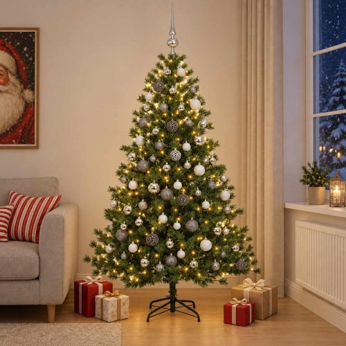 Kunstigt juletræ med julekugler og 300 LED - 240 cm, varm hvid