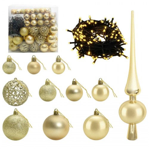 Kunstigt juletræ med kugler og LED-lys 180 cm - varm hvid