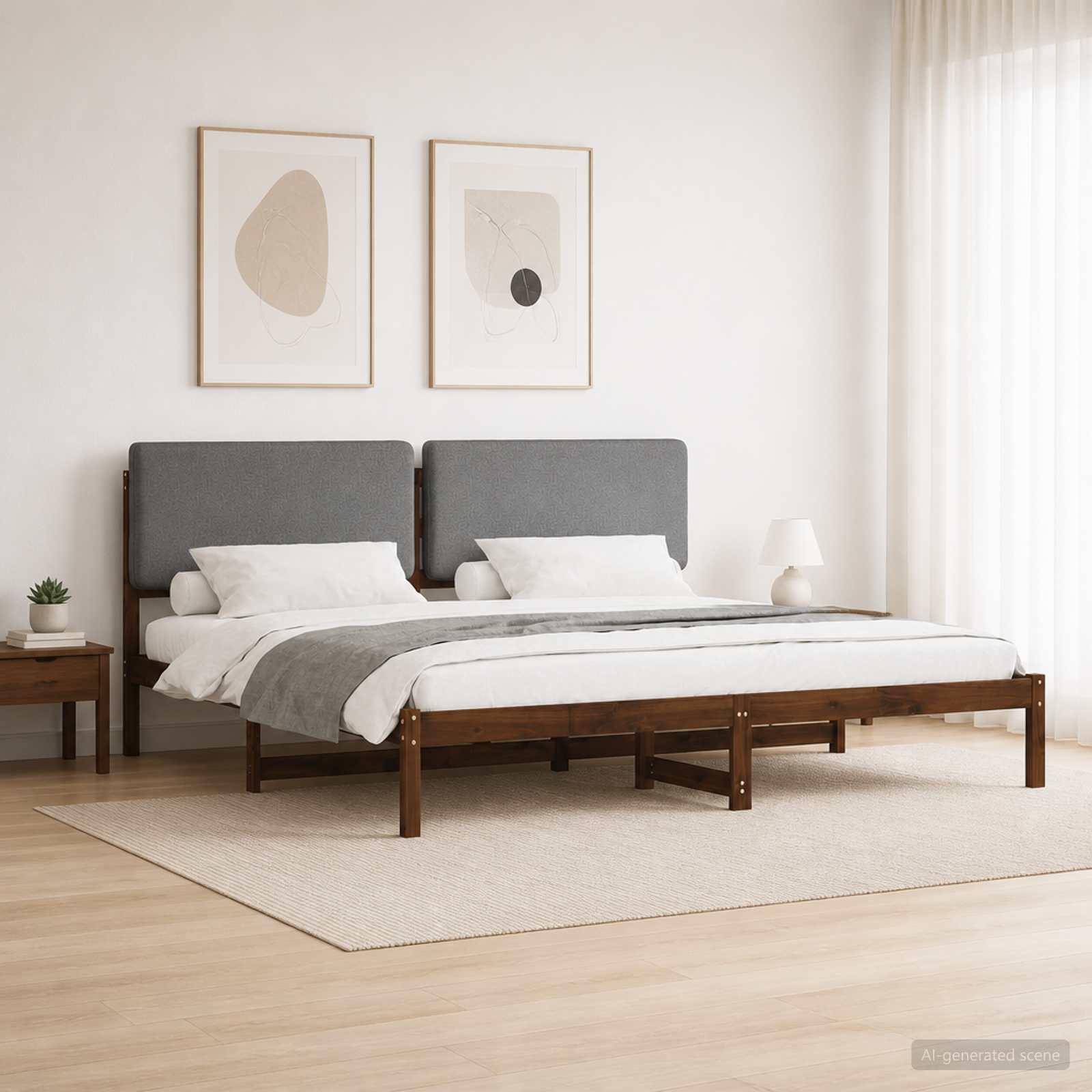 Sengestel med polstret hovedgavl til 180 x 200 cm - mørkebrun/lysegrå