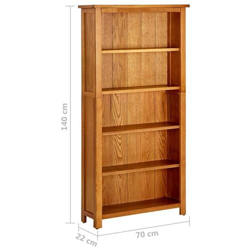 Bogreol med 5 hylder 70x22x140 cm massivt egetræ