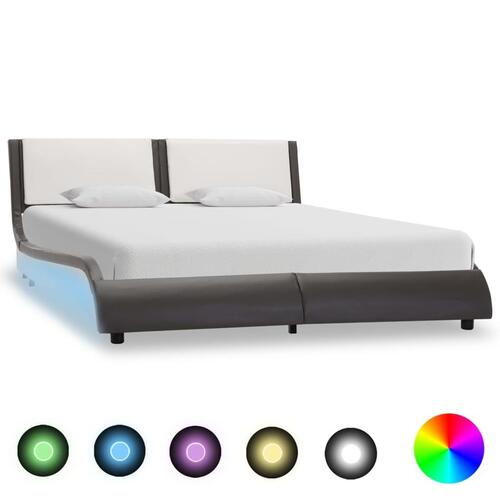 Sengestel med LED 140x200 cm kunstlæder grå og hvid