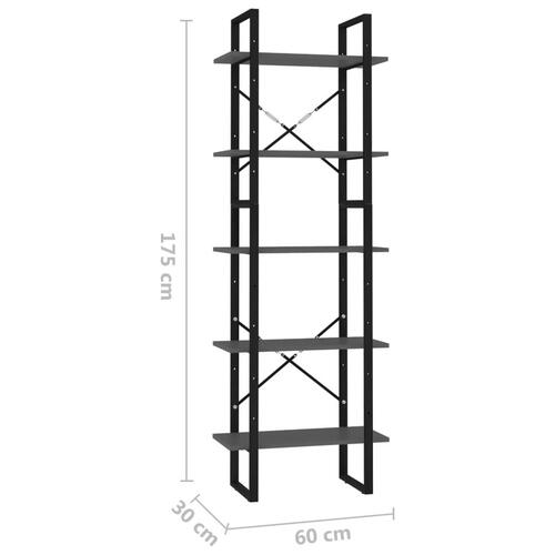 Bogreol med 5 hylder 60x30x175 cm konstrueret træ grå