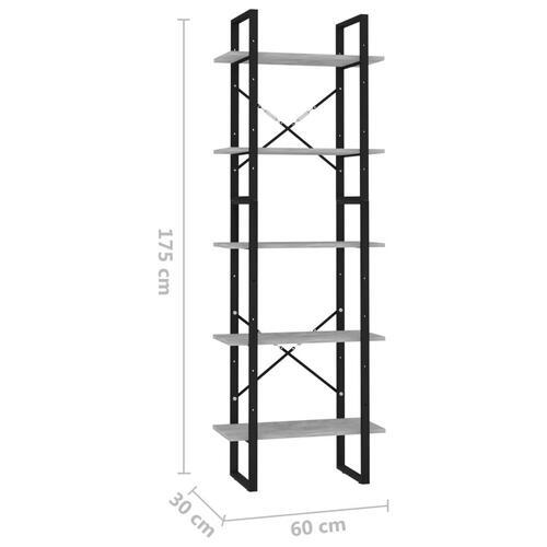 Bogreol med 5 hylder 60x30x175 cm konstrueret træ betongrå