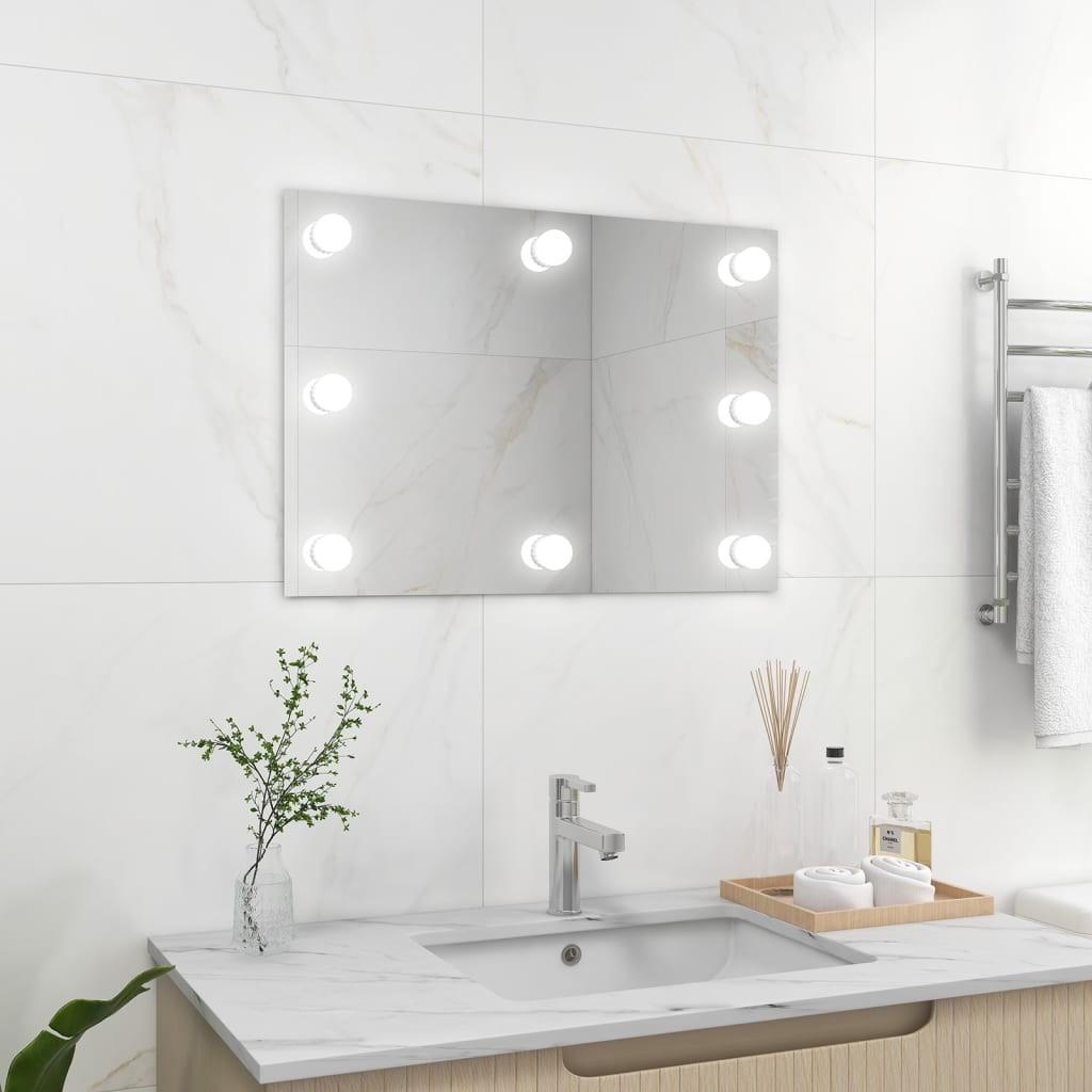 Vægspejl uden ramme med LED-lys rektangulær glas