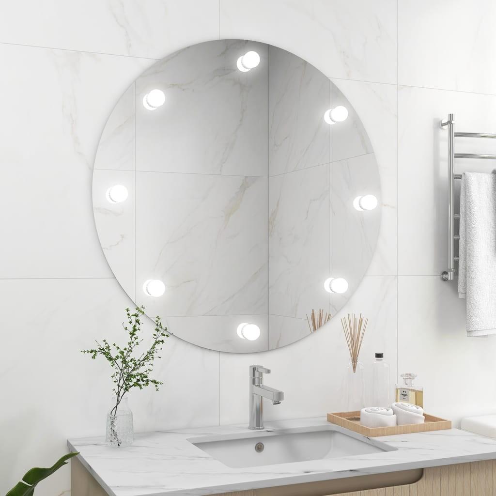 Vægspejl uden ramme med LED-lys rundt glas
