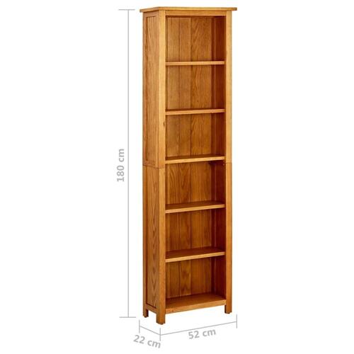 Bogreol med 6 hylder 52x22x180 cm massivt egetræ