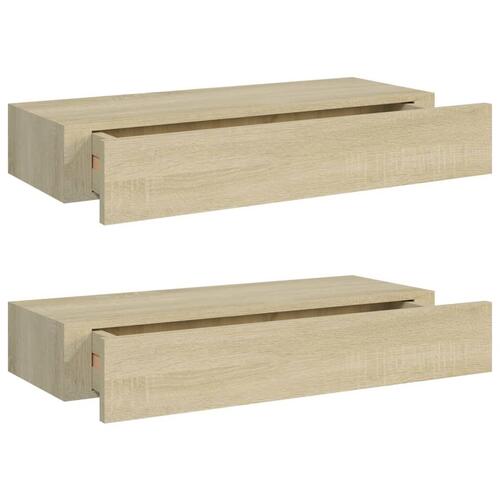 Væghylder med skuffer 2 stk. 60x23,5x10 cm MDF egetræsfarvet