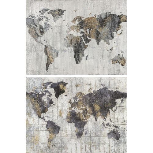 Lærredsmaleri i fyrretræ, verdenskort 120 × 4 × 90 cm (2 stk)