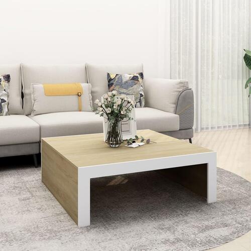 Sofabord 100x100x35 cm spånplade hvid og sonoma-eg