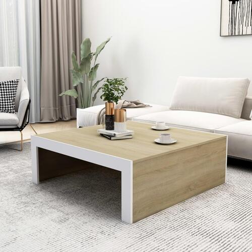 Sofabord 100x100x35 cm spånplade hvid og sonoma-eg