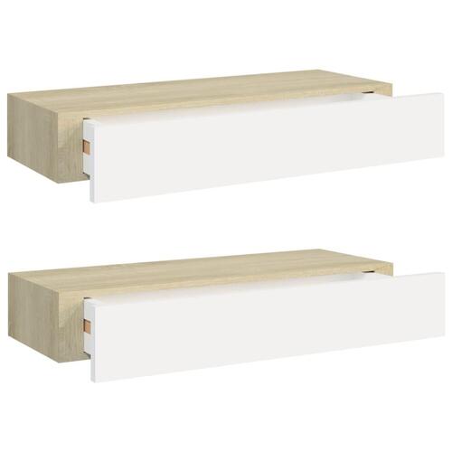Hylder med skuffe 2 stk. 60x23,5x10 cm MDF egetræsfarve og hvid