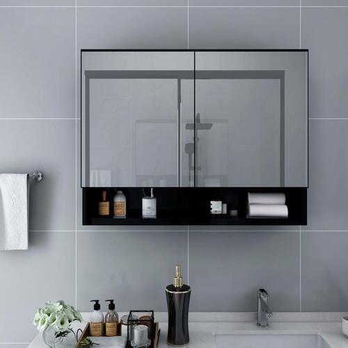 Badeværelsesskab med spejl + LED 80x15x60 cm MDF sort