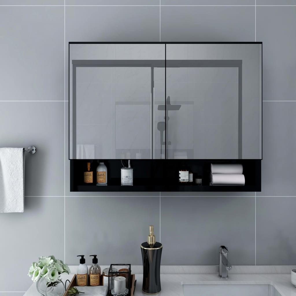 Badeværelsesskab med spejl + LED 80x15x60 cm MDF sort