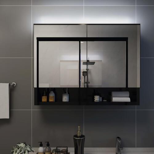 Badeværelsesskab med spejl + LED 80x15x60 cm MDF sort
