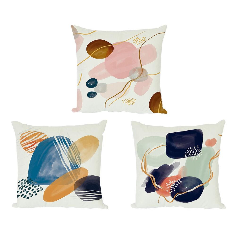 Pyntepuder 3 stk - abstrakt design, blå/grøn/pink, 50 × 50 cm
