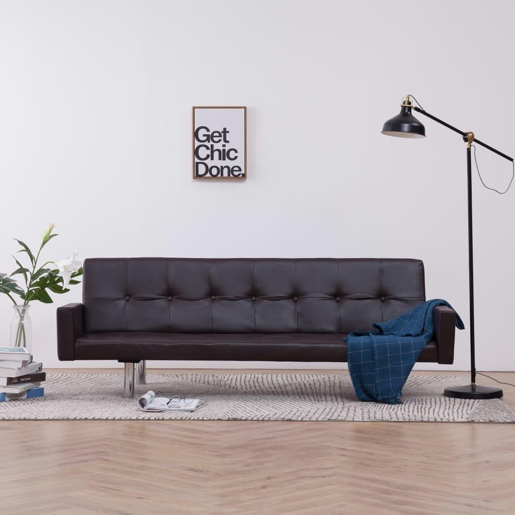 Sovesofa med armlæn brun kunstlæder