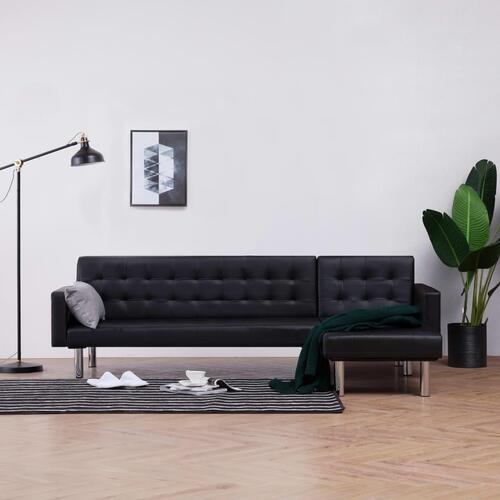 Sovesofa med chaiselong sort kunstlæder
