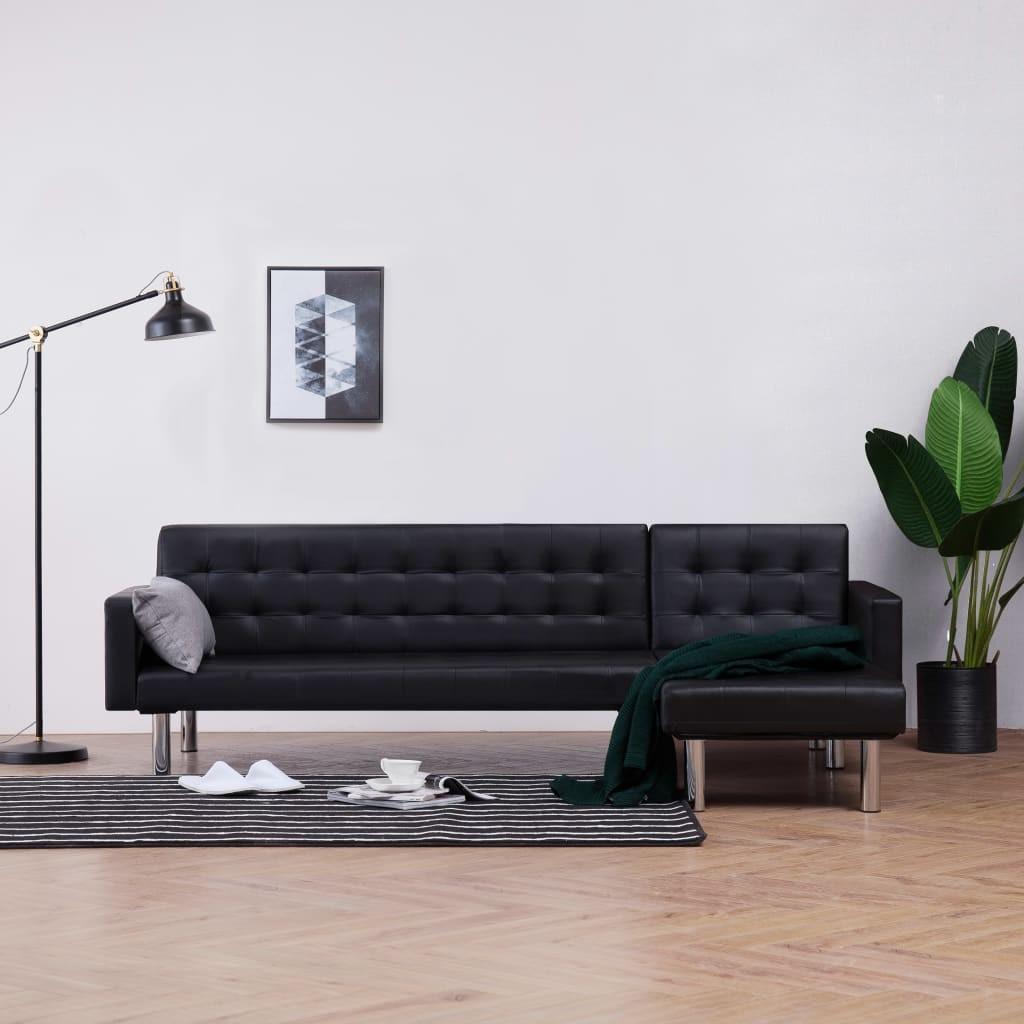 Sovesofa med chaiselong sort kunstlæder