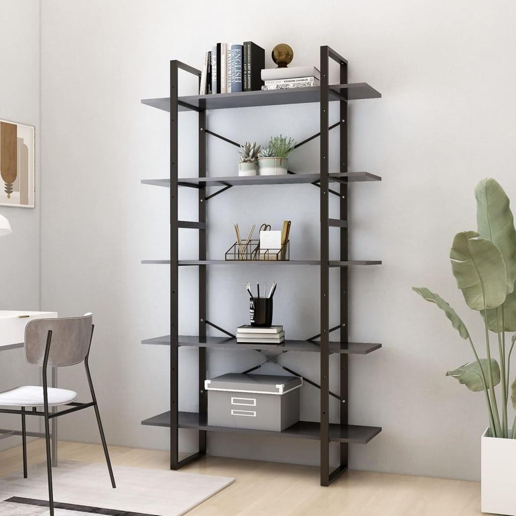 Bogreol med 5 hylder 100x30x175 cm konstrueret træ grå