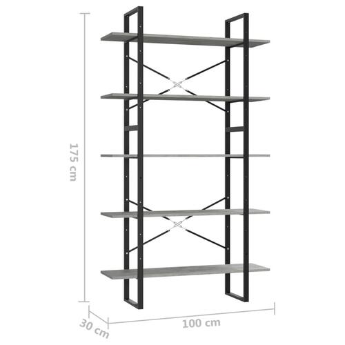 Bogreol med 5 hylder 100x30x175 cm konstrueret træ betongrå