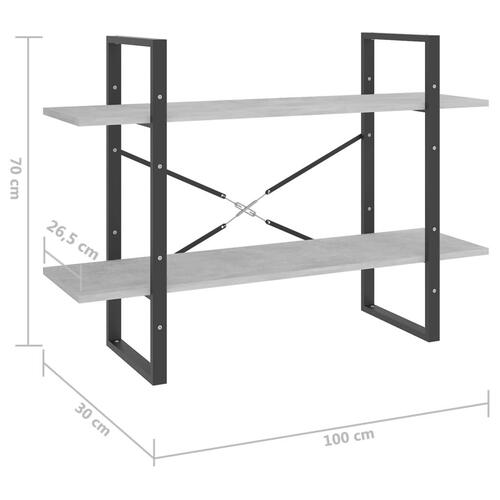 Bogreol med 2 hylder 100x30x70 cm konstrueret træ betongrå