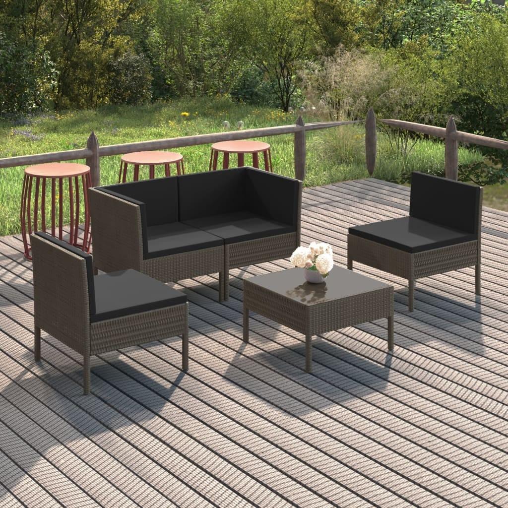Loungesæt til haven 5 dele med hynder polyrattan grå