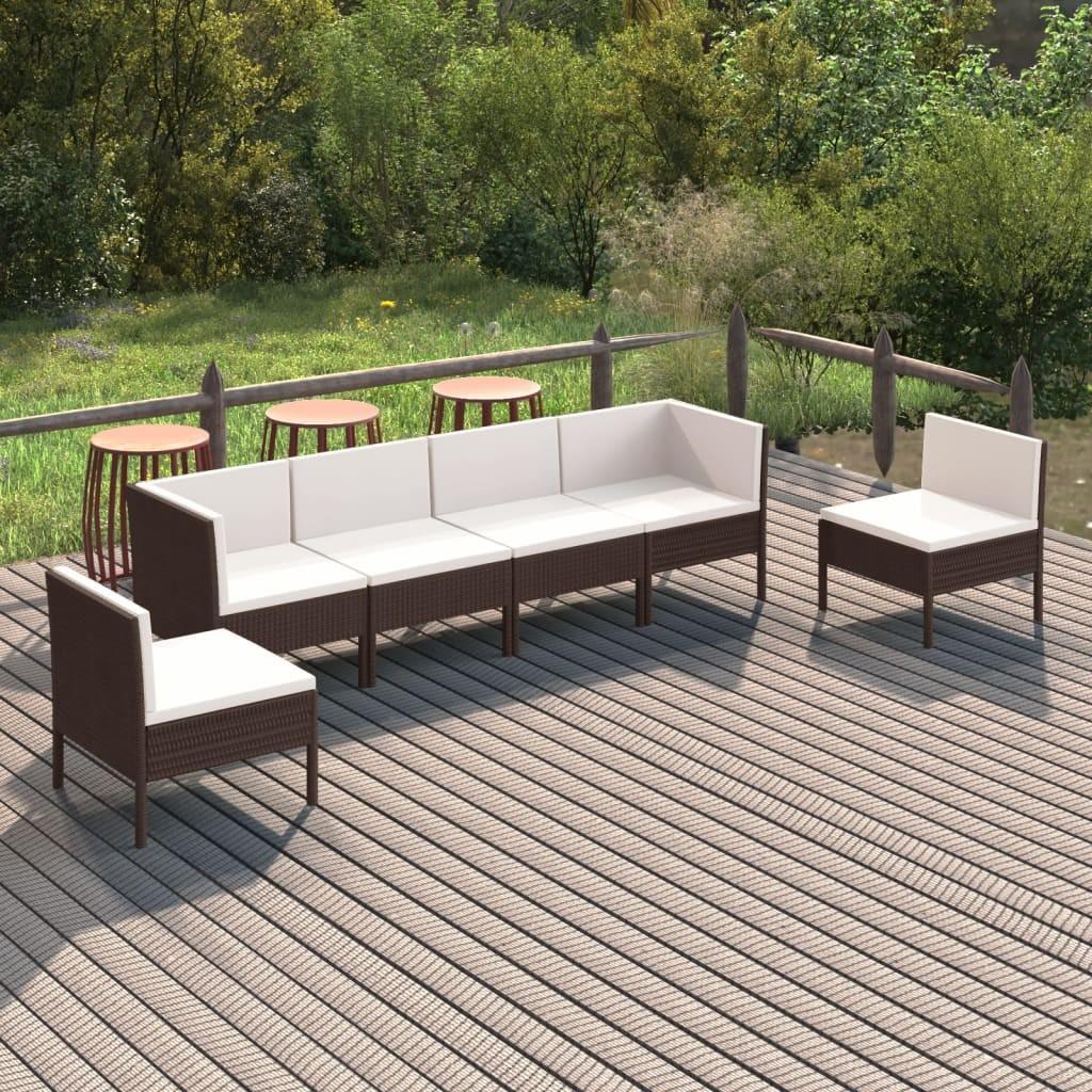 Loungesæt til haven 6 dele med hynder polyrattan brun