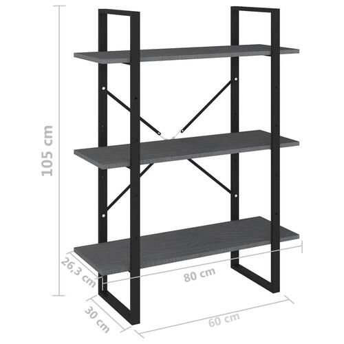 Bogreol med 3 hylder 80x30x105 cm massivt fyrretræ grå