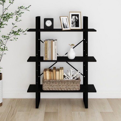 Bogreol med 3 hylder 80x30x105 cm massivt fyrretræ sort