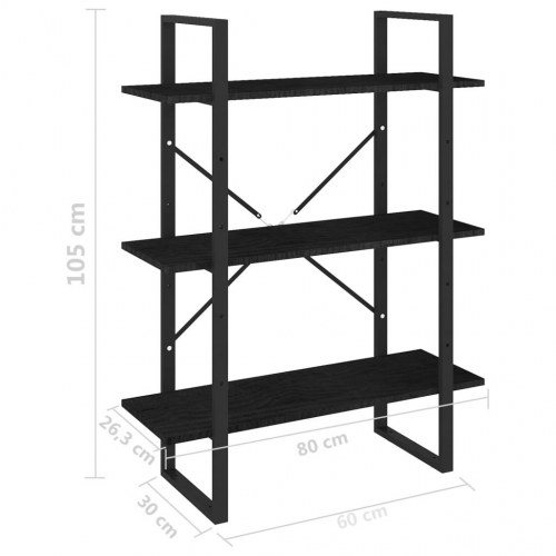 Bogreol med 3 hylder 80x30x105 cm massivt fyrretræ sort